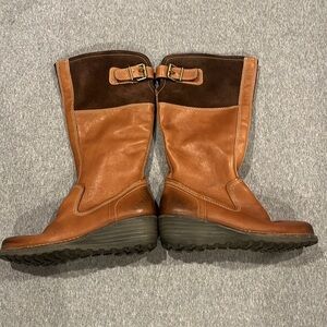 ECCO tan and brown leather and suede tall boots, wedge heel, size 38.